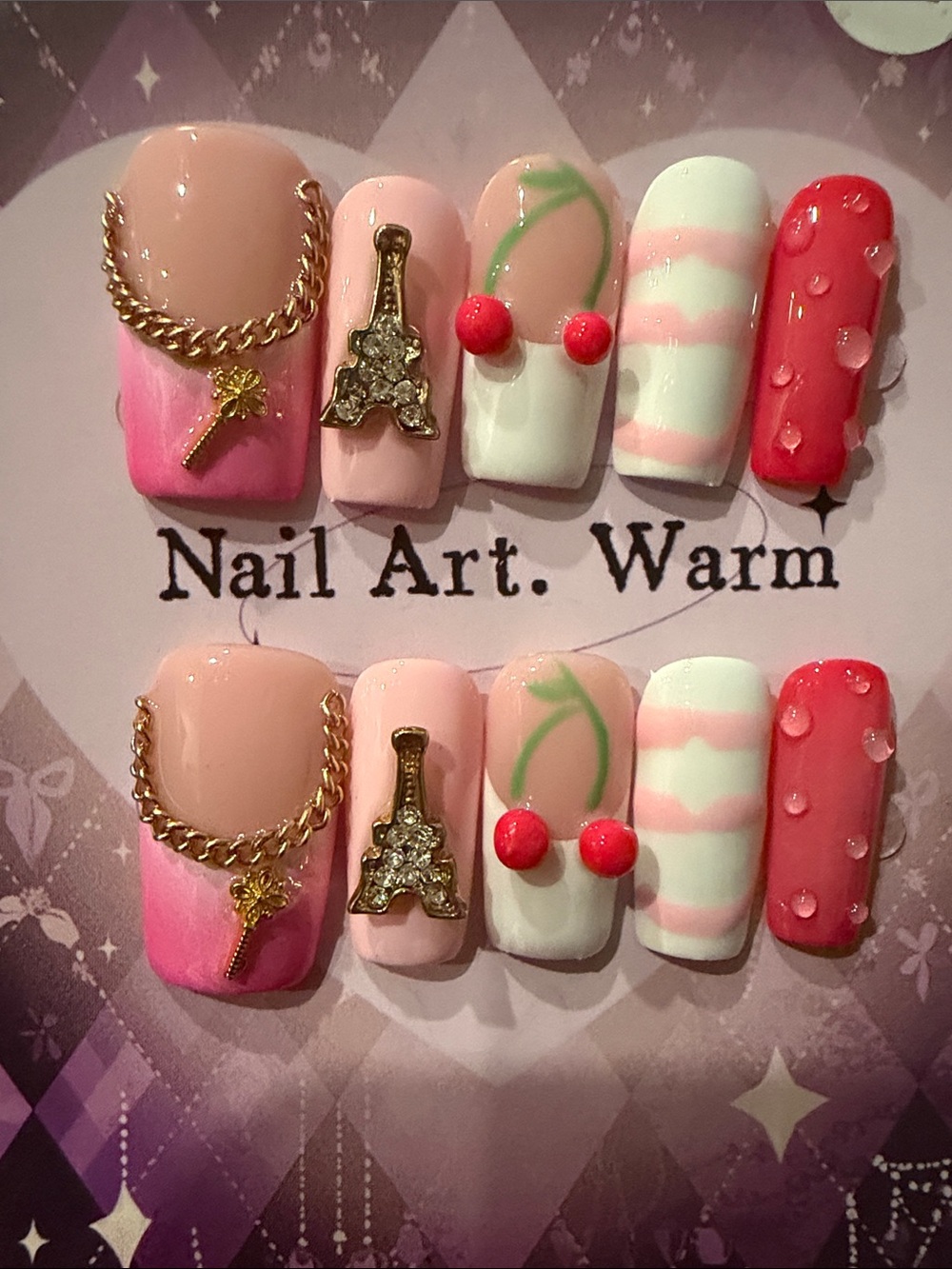 Pink Cherry Eiffel Tower handmade acrylic Press-On Nails